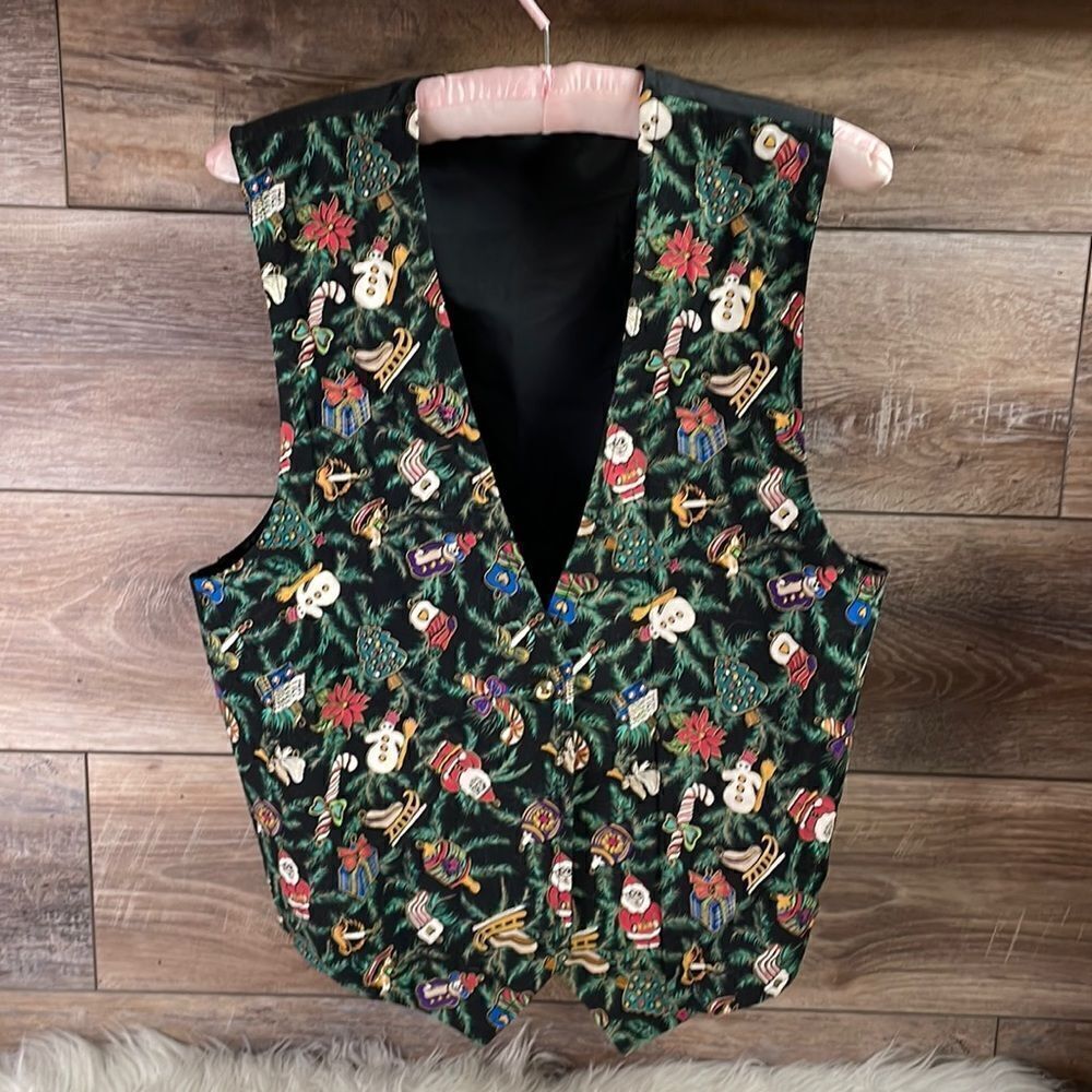 Vintage Holiday Christmas Womens Vest Large Santa & Snowmen Print Vintage